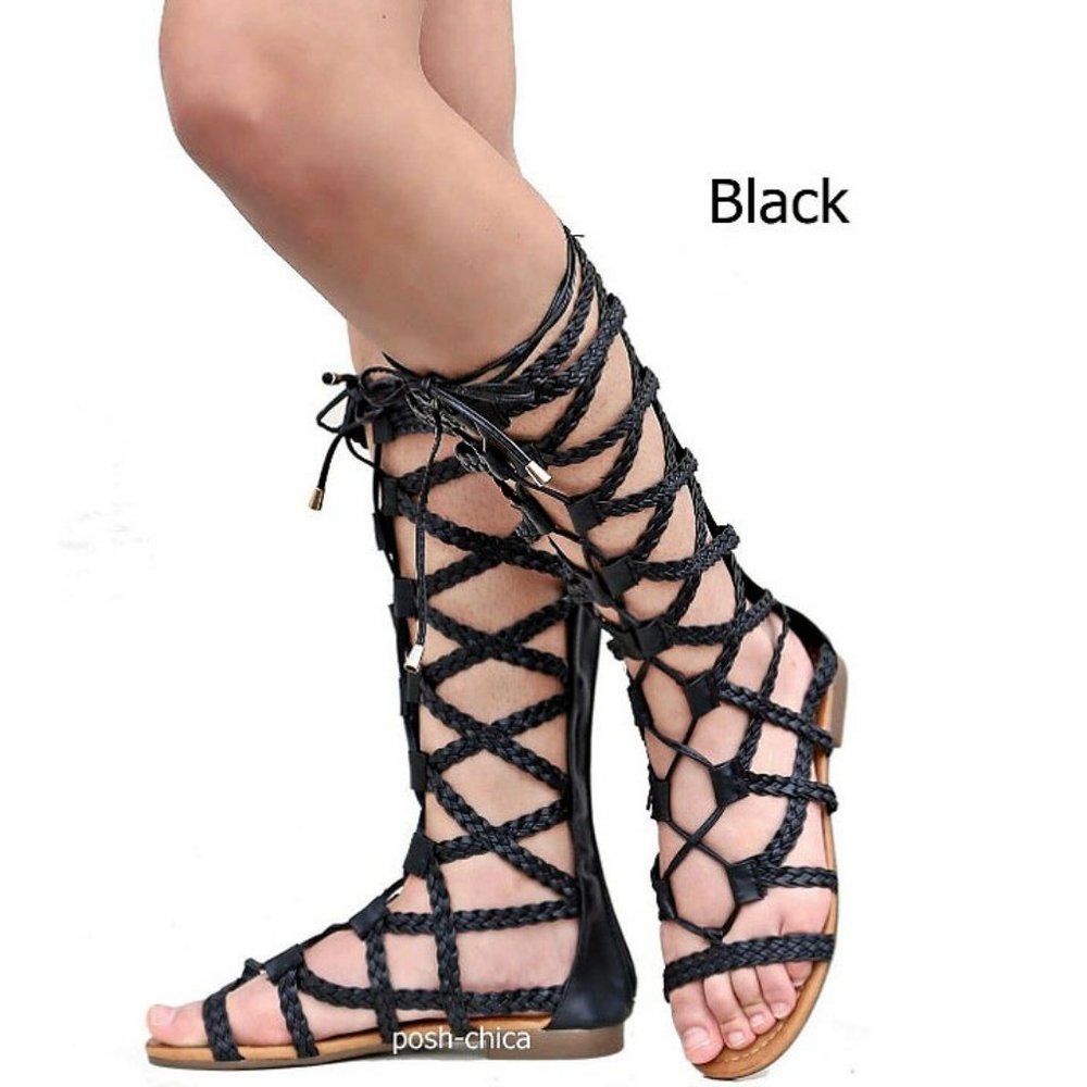 New Women Black Lace Up Knee High Tall Gladiator Flat Sandals